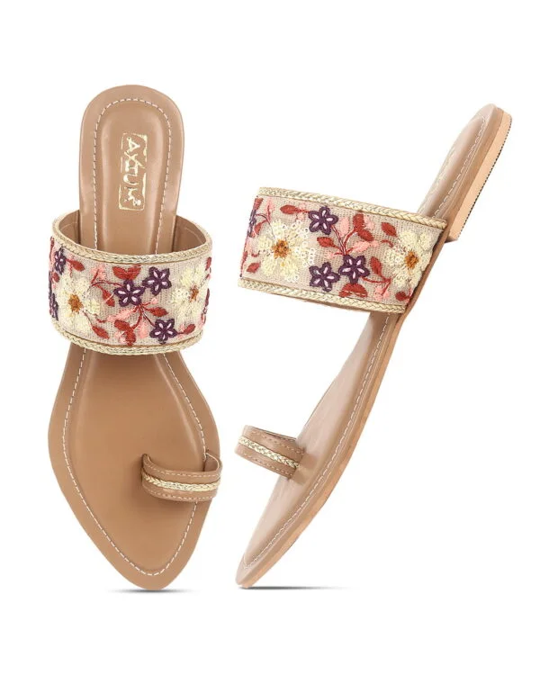 AXIUM Women's Embroidered Slip On Flip Flop Ethnic Flats (NUDE BEIGE) - Image 2
