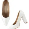AXIUM White Women Pointed-Toe Block Heel Pumps 4Inch (BLY172)