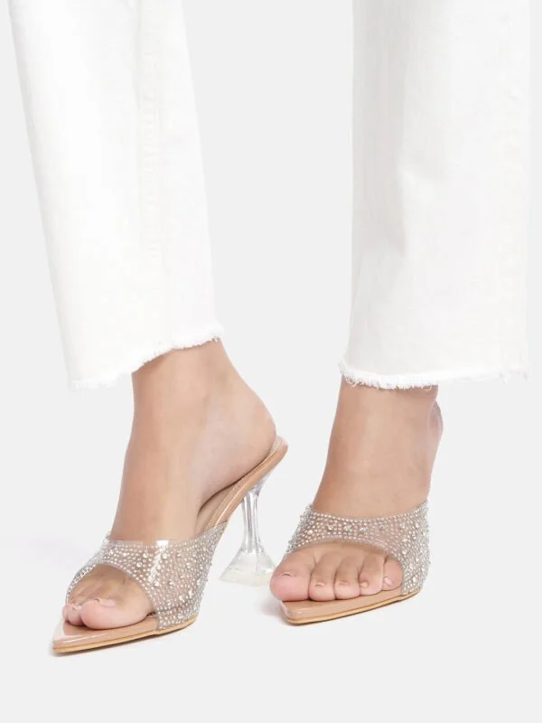 AXIUM Nude Biege Embellished Transparent (Clear) Hourglass Heels , 3.5Inch