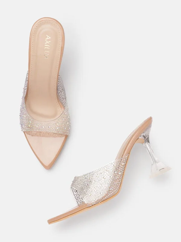 AXIUM Nude Biege Embellished Transparent (Clear) Hourglass Heels , 3.5Inch - Image 2