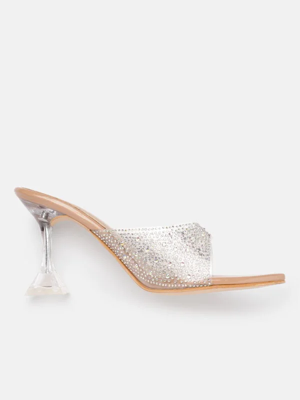 AXIUM Nude Biege Embellished Transparent (Clear) Hourglass Heels , 3.5Inch - Image 3