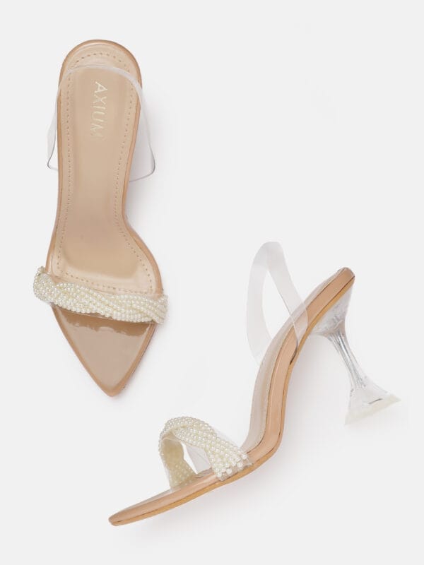 AXIUM Pearl Embellished Beige Transparent (Clear) Hourglass Heels  , 3.5-Inch (SAN212) - Image 2