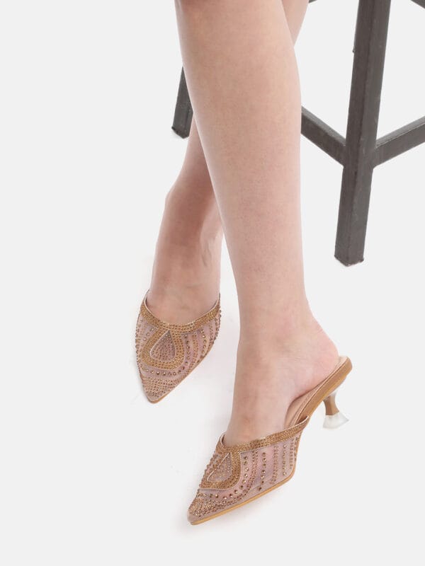 AXIUM Women's Antique Gold knitted Embellished Heel Mules, 2inch (BLY220)